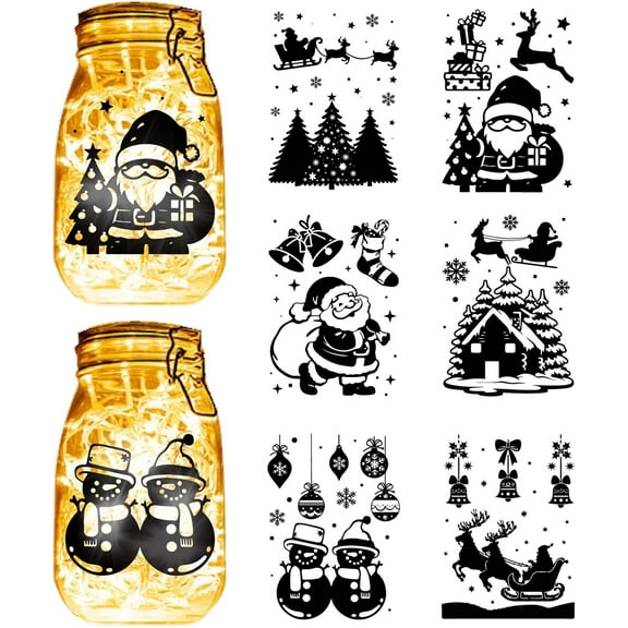 12Pcs Christmas Silhouettes Mason Jar Decor Stickers PVC Jar Cutout Decals Lantern Jar Cut Out Scrapbook Silhouette Ornaments Stickers Self-Adhesive Waterproof for Window Glass 7.8x6Inch colorful