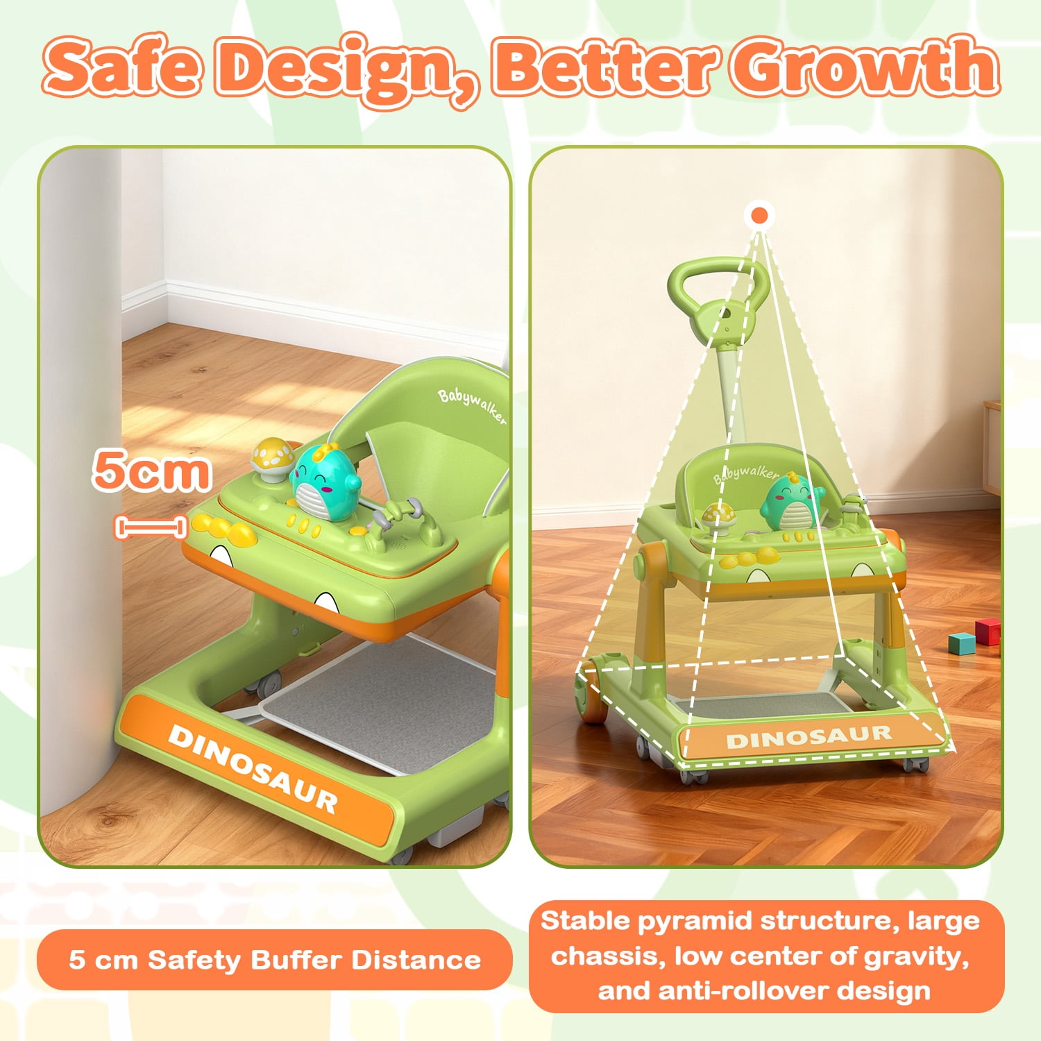 WonderStone Baby Walker, Adjustable Seat and Height, Music & Light, Dinosaur Walkers and Activity Center for Boys and Girls 6-24Months (Green)