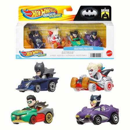 Hot Wheels RacerVerse, Set of 4 Die-Cast Hot Wheels Cars with Pop Culture Characters as Drivers