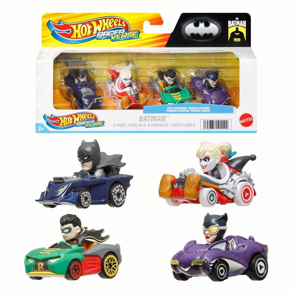 Hot Wheels RacerVerse, Set of 4 Die-Cast Hot Wheels Cars with Pop Culture Characters as Drivers