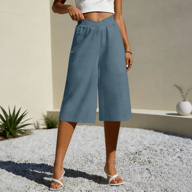 TaTaai Women's Summer Linen Cropped Pants Solid Color Loose Straight Leg Casual Trousers with Elastic Waistband and Side Pockets for Daily Wear Gift