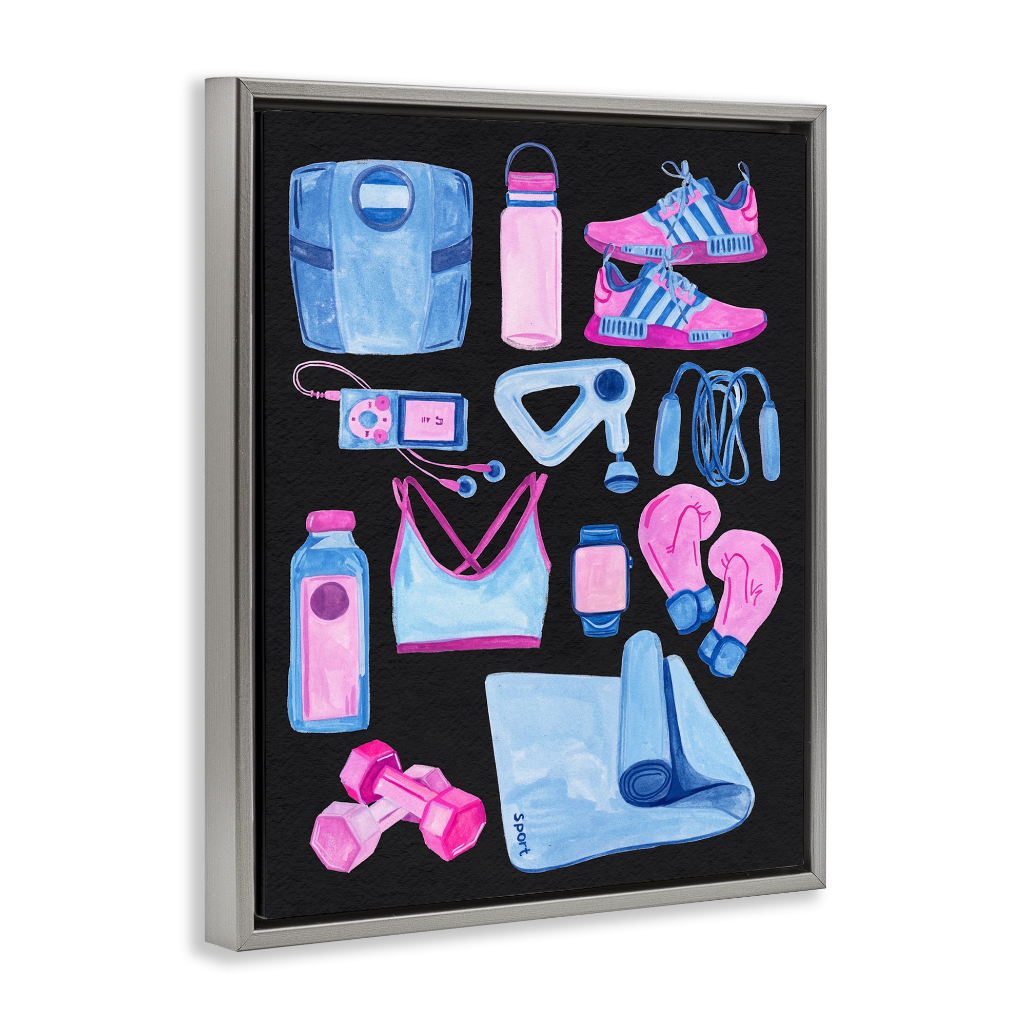 Stupell Industries Bold Exercise Equipment Sports Painting Gray Floater Framed Canvas Art Print Wall Art, 17 x 21