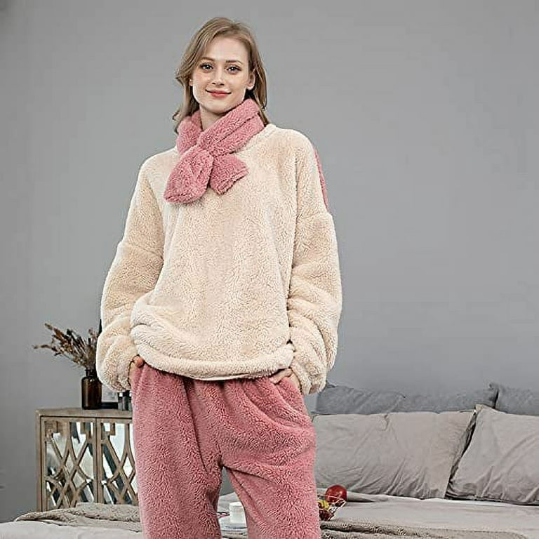 Kukuzhu Womens Fleece Pajama Sets Winter Shearling Rollneck Pajamas Grunge  Fuzzy Plush Hoodie Sleepwear 2Pcs Fluffy Loungewear