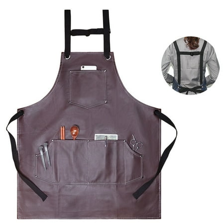 

QUSENLON Pu Leather for Cross Back Stap Apron Waterproof Oil Proof Aprons with Pocket for Home Kitchen Restaurant Chef Cooking