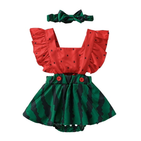 

Qtinghua 2Pcs Infant Baby Girls Romper Dress Watermelon Printed Ruffles Fly Sleeve Jumpsuit with Headband Set Red Green 18-24 Months