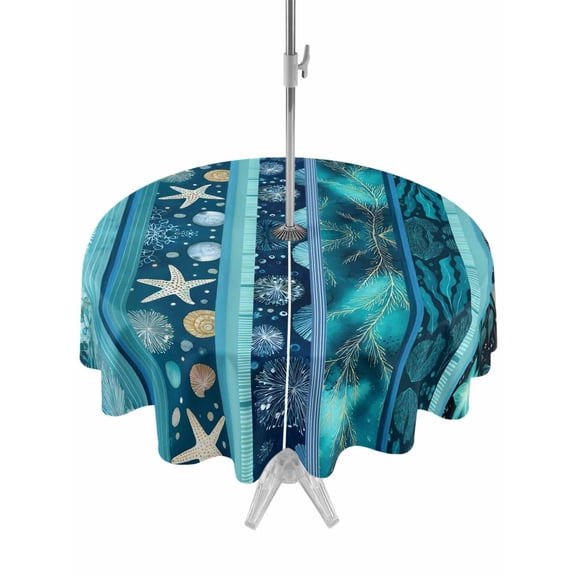 Outdoor Tablecloth with Umbrella Hole for Patio/Picnic/Party/Camping, Teal Blue Starfish Coastal Waterproof Table Cloth Round Cover Washable, Nautical Coral Shell Ocean Summer (Dia 60")