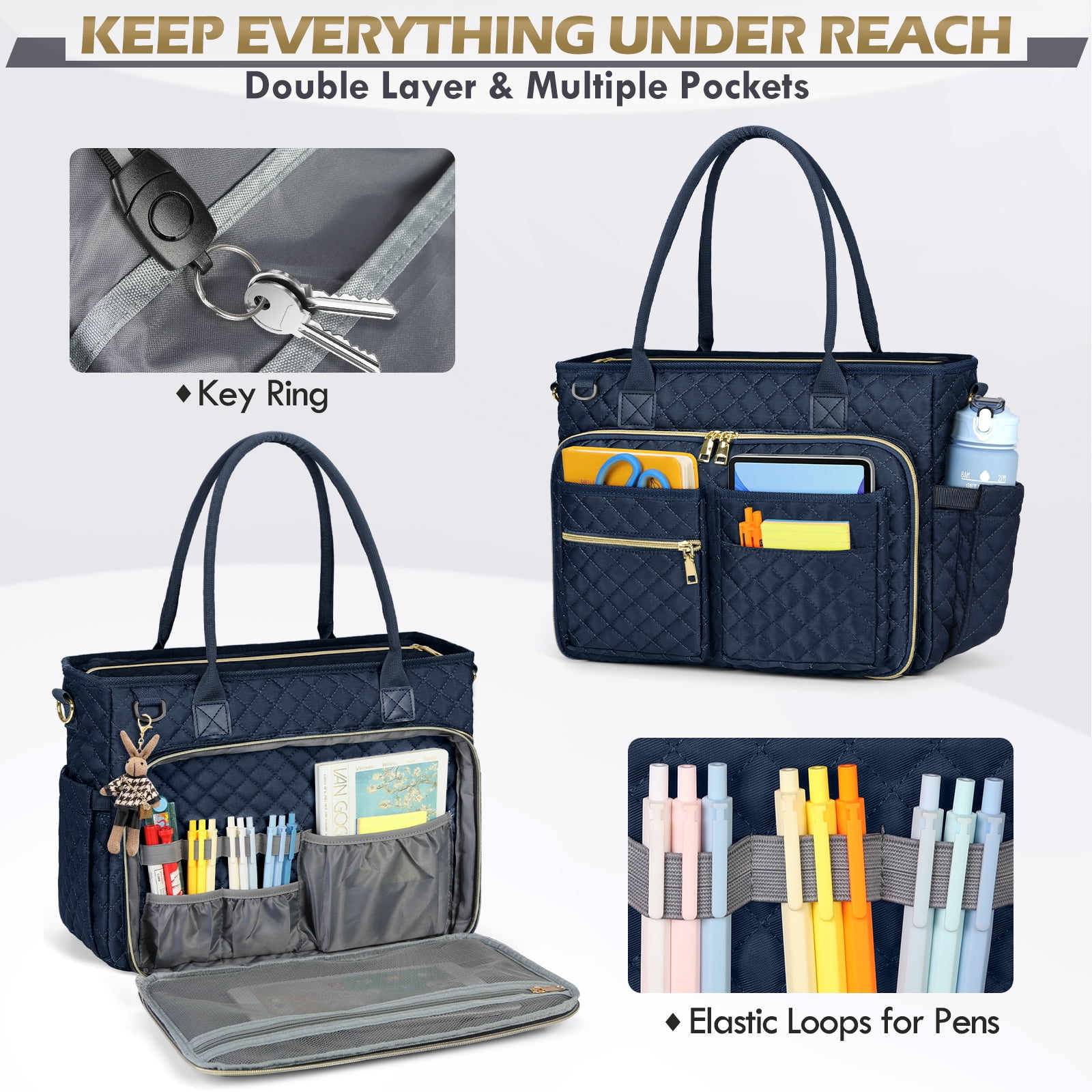 RAINSMORE Teacher Tote Bag 15.6 inch Laptop Bag for Women Work Bags Laptop Tote Nurse Bag Professional Computer Messenger with Insulated Pocket, Laptop Briefcase for Office, College, Nursing
