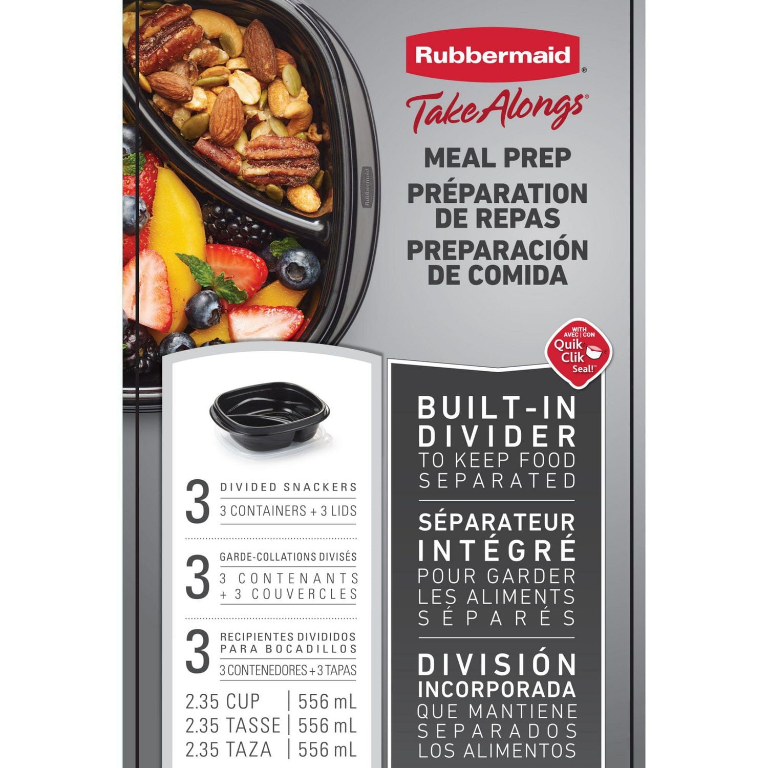 Rubbermaid TakeAlongs Divided Meal Prep Containers, 556 mL (2.35 Cup), Black, 3 Pack, BPA-Free