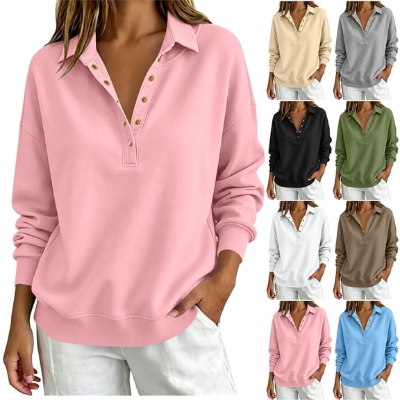 Sweatshirt For Women Loose Fit Half Button Long Sleeve Casual Pullover Tops, Solid Color Pocket Sweatshirt Blouse for Spring Fall Winter