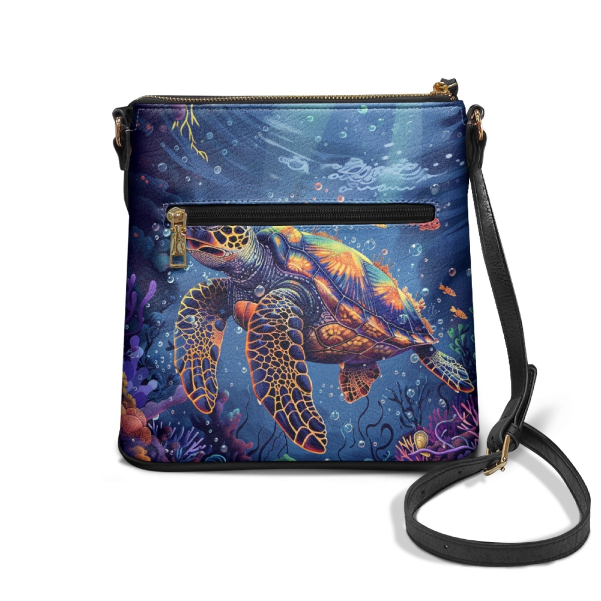 Kuiaobaty Sea Turtle Coral Print Crossbody Bag for Women Trendy, Large Capacity Vegan Leather Messenger Handbag Crossbody, Roomy Zipper Sling Purse with Adjustable Strap for Travel