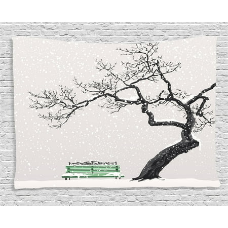 Home Decor Branch Lights Farm House Decor Tapestry, Illustration of Winter Scenery with Retro Bench and Single Tree Cold Days, Wall Hanging for Bedroom Living Room Dorm Decor, 80W X 60L Inches, Brown Green, by Ambesonne ()