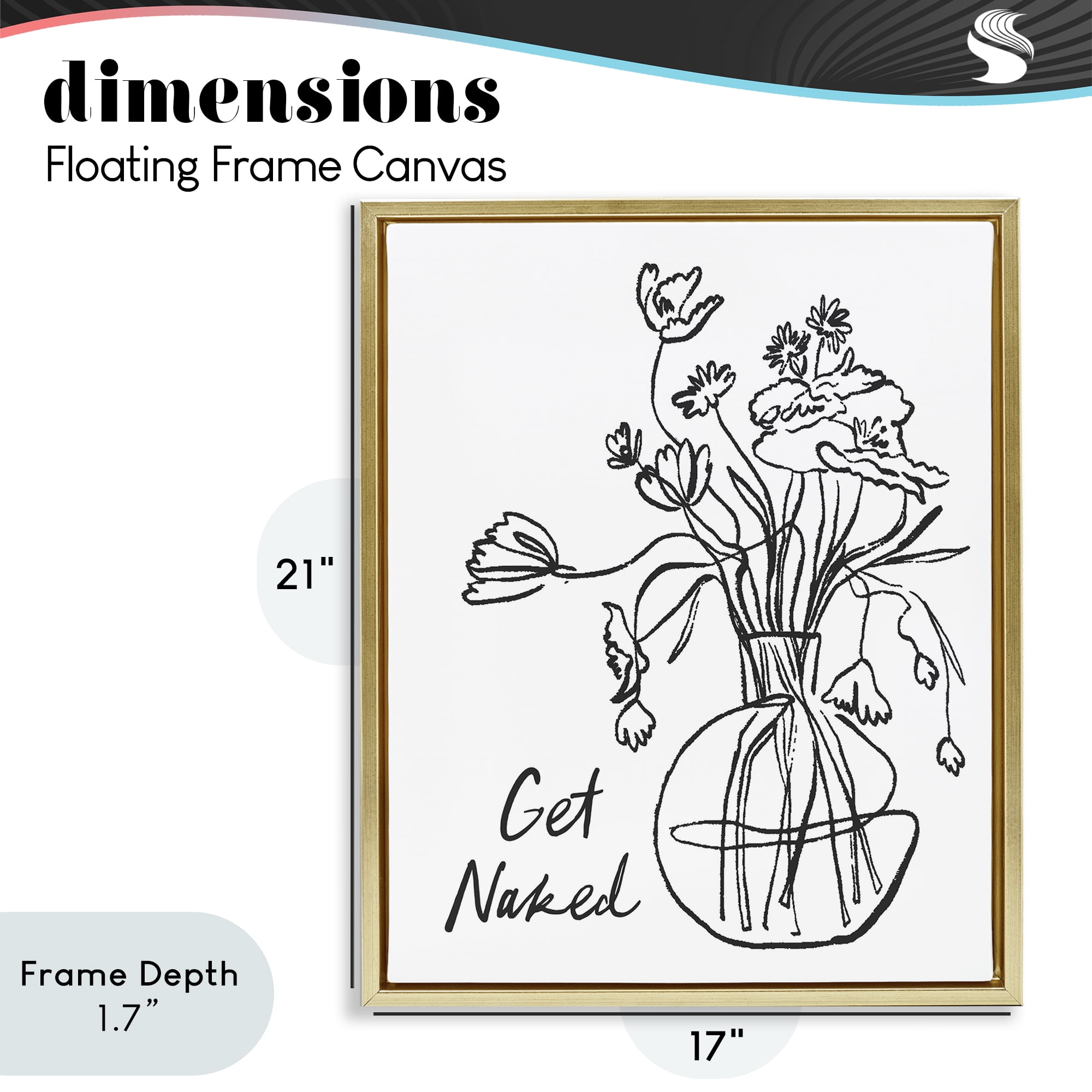 Stupell Industries Get Naked Flower Contour Gold Framed Floater Canvas Wall Art, design by Lettered and Lined