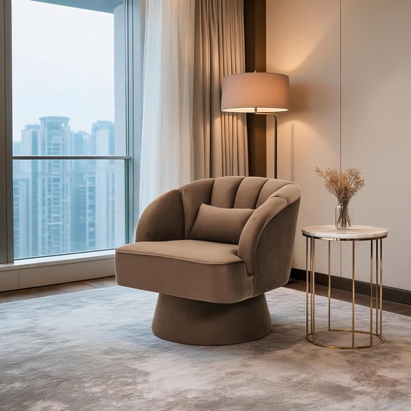 360° Swivel Accent Chair with Armrests, Velvet Upholstered Lounge Chair with Throw Pillow, Reading Chair for Living Room, Bedroom, Office, 27.6 x 27.6 x 27.6 in,coffee