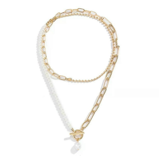 Retro Layered Pearl Necklace Paper Clip Chain Choker Necklaces OT Buckle Necklace Jewelry for Women and Girls