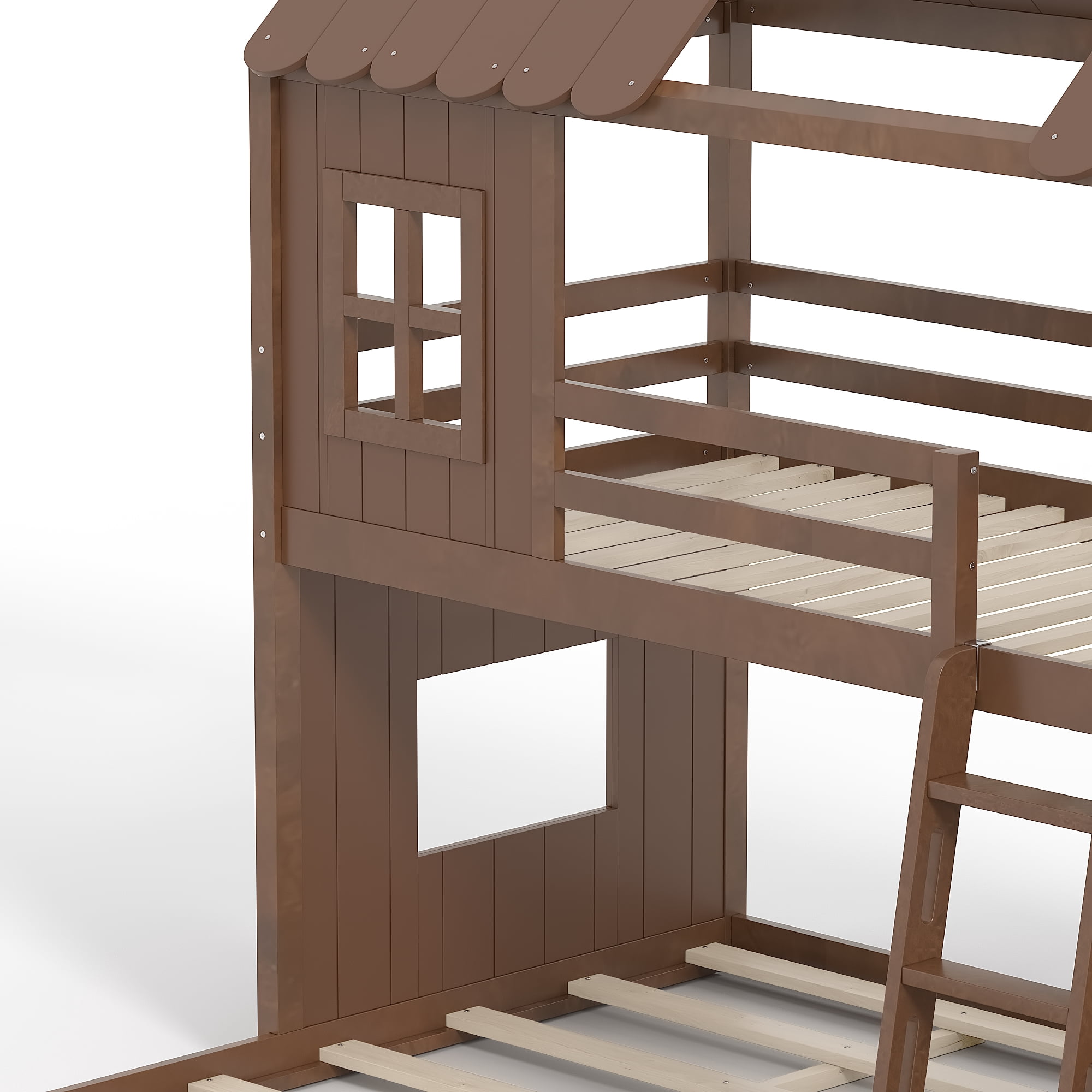 Twin over Full House Bunk Bed with Slide & Ladder, Wood Playhouse Bunk Bed with Storage Shelves & Wardrobe, Floor Bunk Bed for All Ages, Deep Natural