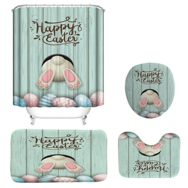 Easter Shower Curtain Set Cute Rabbit and Pink Eggs 4-Piece Happy Easter Shower Curtain Set with Non-Slip Rug Toilet Cover Bath Mat Hook