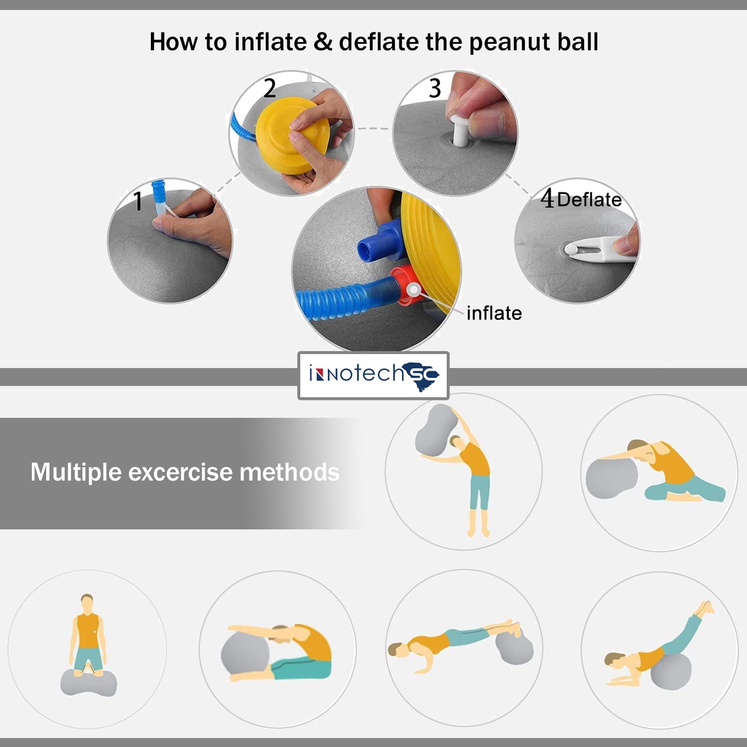 InnotechSC Peanut Ball – Anti-Burst Exercise Ball for Labor, Physical Therapy, Kids, Core Strength, Flexible Seating, Home & Gym Fitness, Sensory Chair Wiggle Seat (Includes Pump) Gray