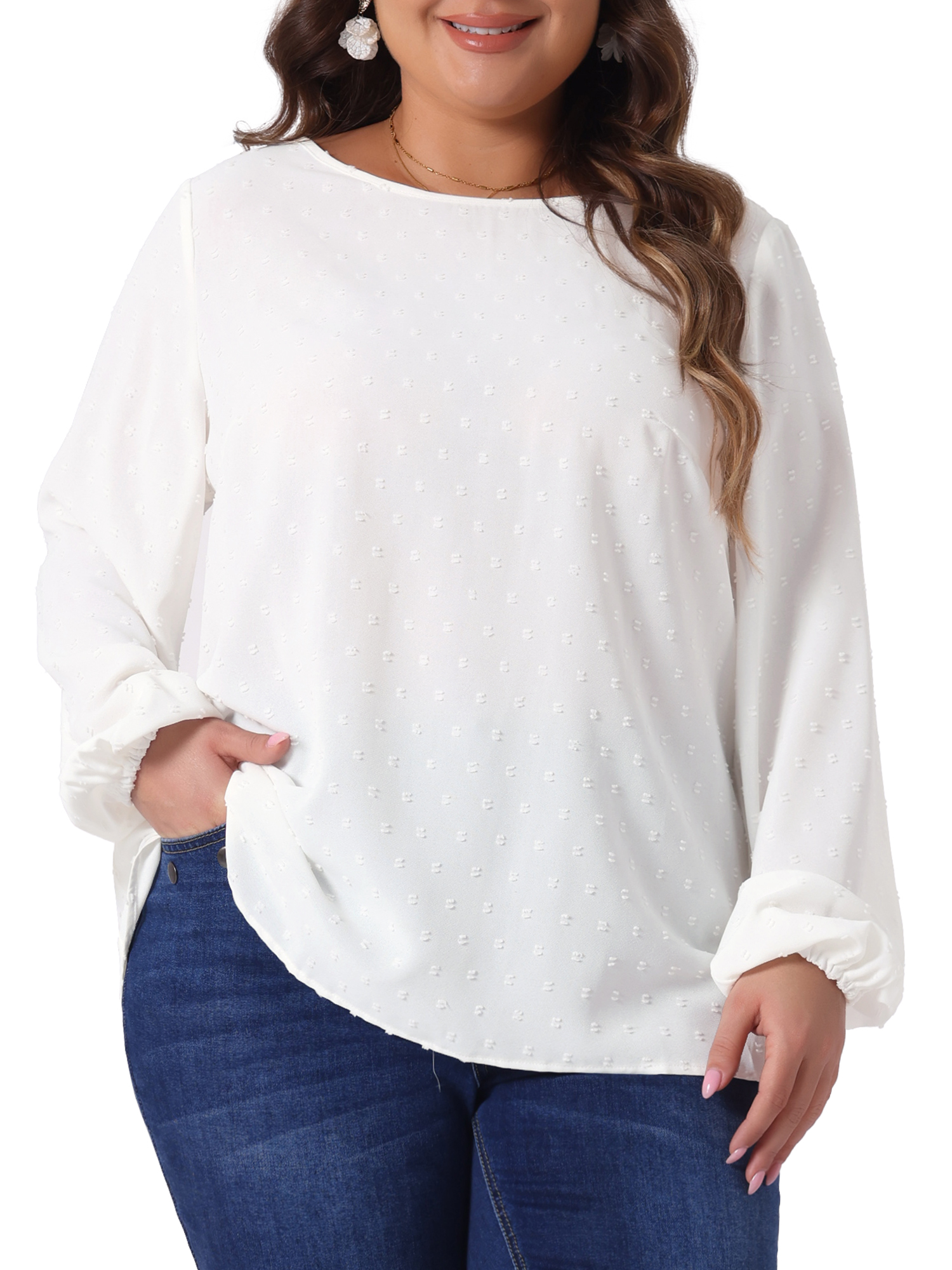 DARING DIVA Women's Plus Crewneck Chiffon Swiss Dots Shirts Top 4X White