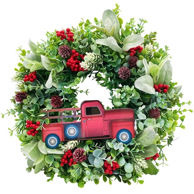 Bayas De Camión De Navidad Para Puerta Delantera, Corona De Piña De Camión Rojo Artificial, Corona Colgante De Vacaciones Para Decoración De Interiores Y Exteriores Minnieouse HA039180-00