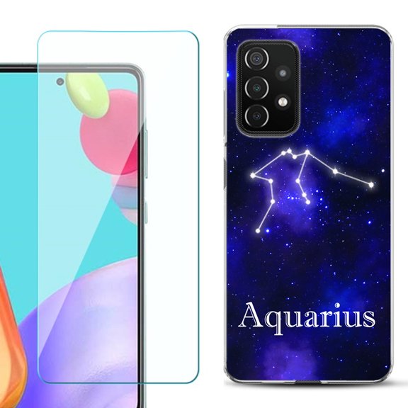 Slim-Fit Flexible Gel TPU Phone Case compatible with Samsung Galaxy A52 5G, with Tempered Glass Screen Protector, by OneToughShield ® - Zodiac / Aquarius