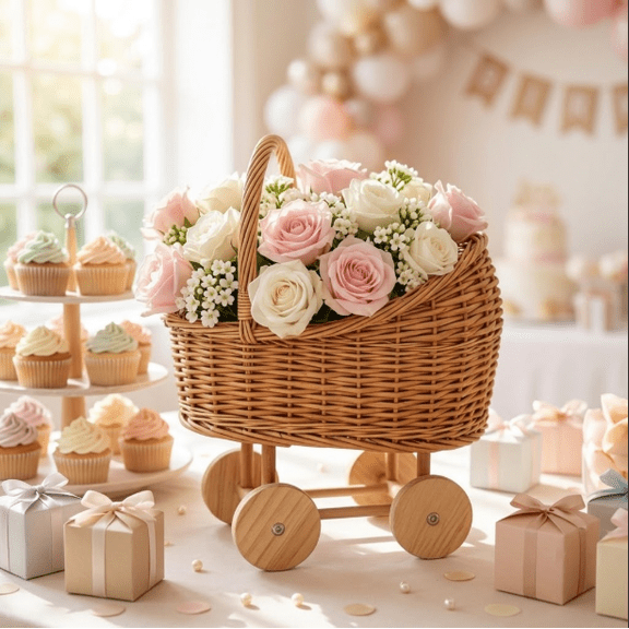 Woven Rattan Baby Carriage Flower Basket Cute Pram Shaped Candy Display Holder for Baby Shower Wedding Party Centerpiece and Rustic Home Decor