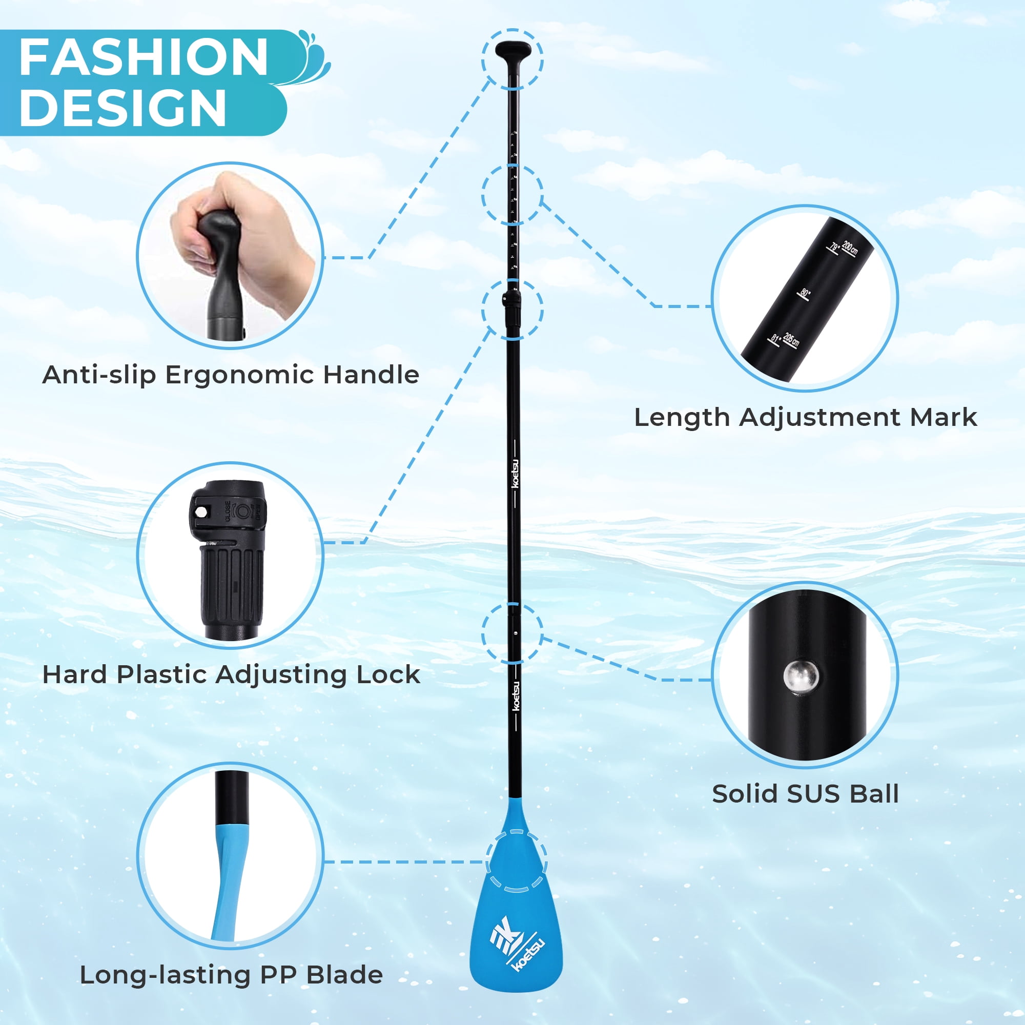 Kayak Paddle SUP Paddle,KOETSU 2-in-1 Adjustable Aluminum Alloy Boat Paddle Oars 67-83in, Detachable Canoe Board Paddle with Anti-Slip Grip,Blue