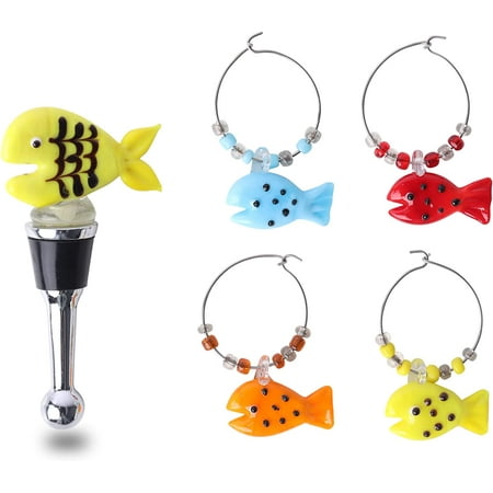 

Servette Home Wine Bottle Stopper with 4 Wine Glass Charms - Fish