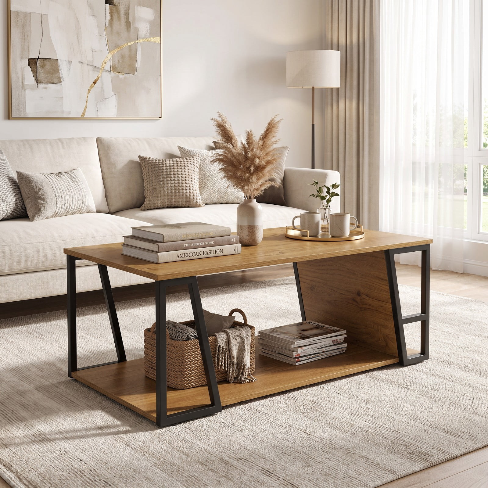 Furnibear Rectangle Industrial Coffee Table 2 Tier Accent Table with Storage Shelf and Side Compartment for Living Room, Natural