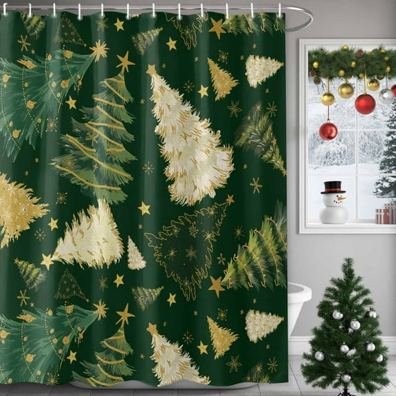 Dark Green Christmas Shower Curtains for Bathroom, Xmas Tree Star Snowflake Winter Waterproof Fabric Shower Curtain for Bathroom Bathtub Decoration, Machine Washable, 54x"78"