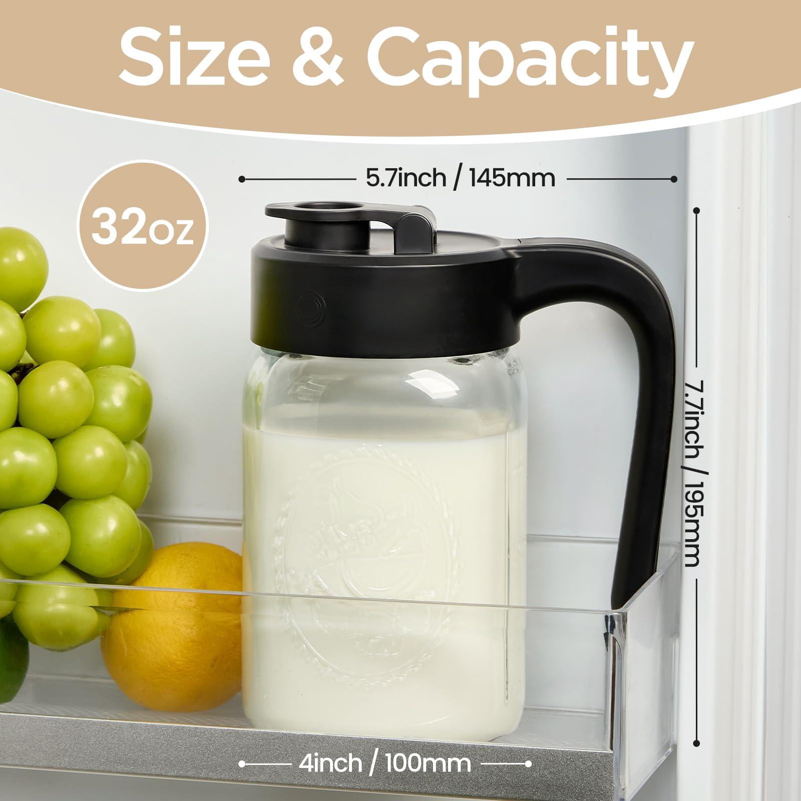 32 Oz Glass Pitcher With Lid  1 Quart Mason Jar Airtight Breast Milk Storage For Fridge Ideal Cold Brew Coffee Iced Tea Sun Juices