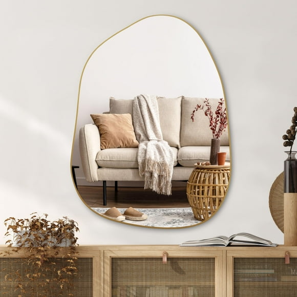 PERFNIQUE Irregular Wall Mirror Asymmetrical Mirror, 32''x24'' Golden Wood Framed Mirror for Bathroom Bedroom Living Room Entryway, Decorative Modern Wall Decor, Wall Mounted Mirror (Go