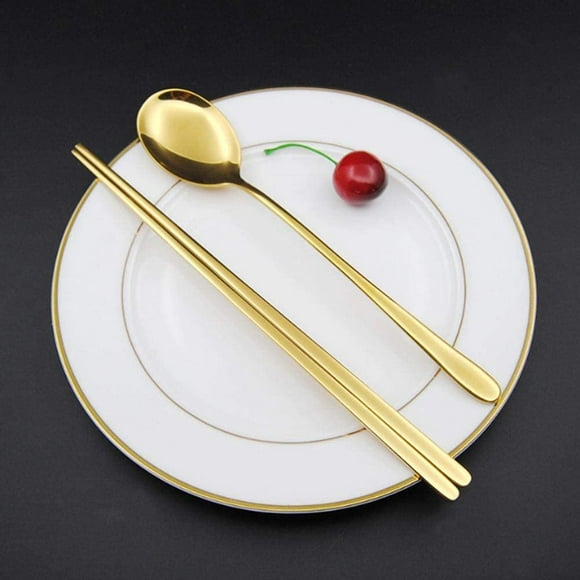 Hweilai Korean Chopstick Spoons, Chopsticks Spoons Stainless Steel Golden Cutlery for Home, Kitchen or Restaurant