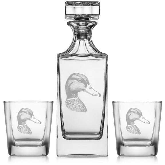 Whiskey Decanter Gift Set With 2 Whiskey Old Fashioned Rocks Glasses Duck Head