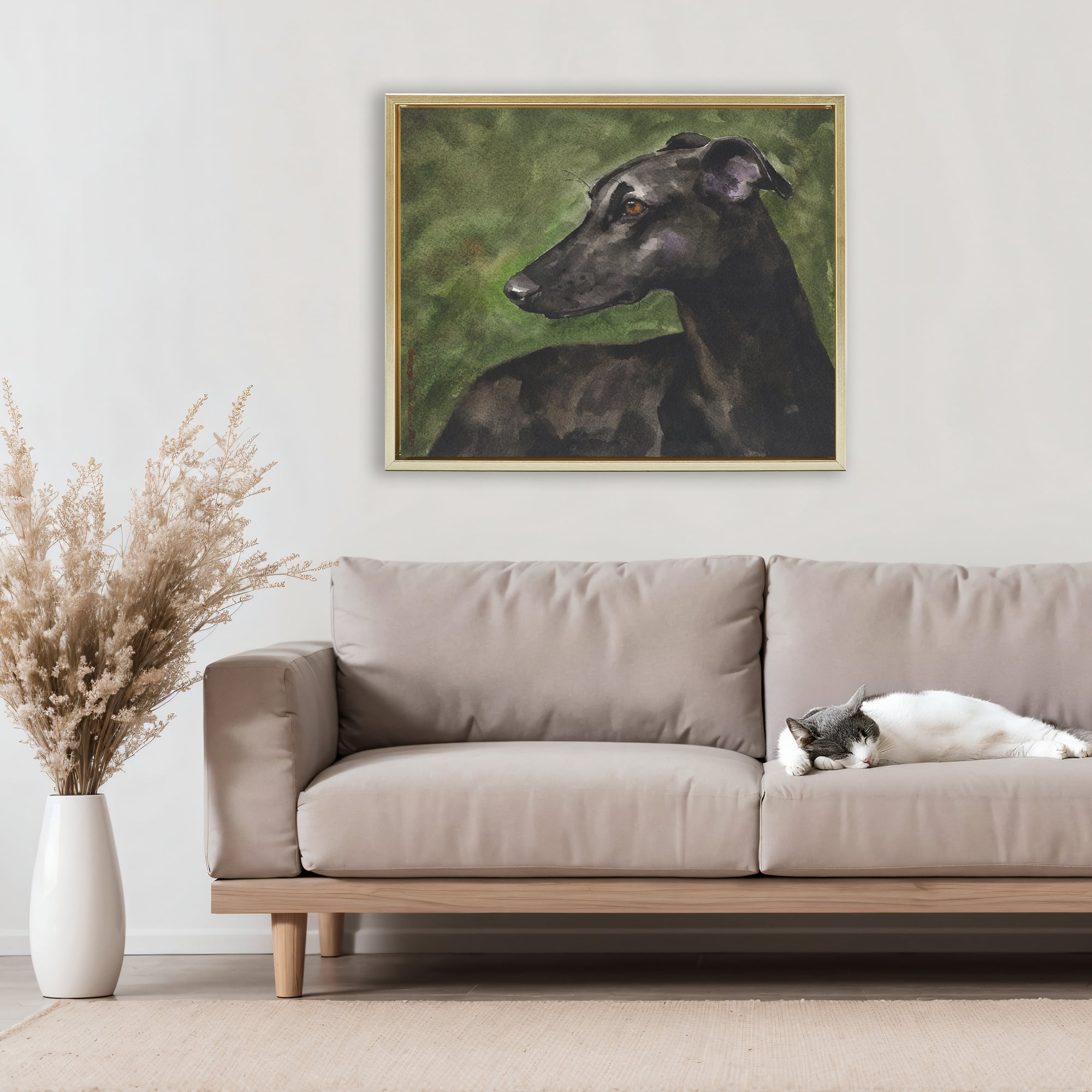 Stupell Industries Black Greyhound Portrait Gold Framed Floater Canvas Wall Art, design by George Dyachenko