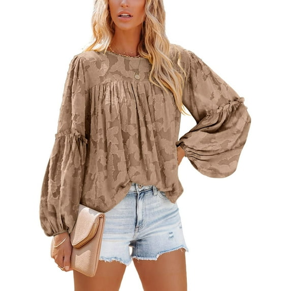 Liacowi Women Juniors Lantern Long Sleeve Blouse Crewneck Lace Floral Textured Jacquard Loose Fit Top Shirts Plus Size S-3XL