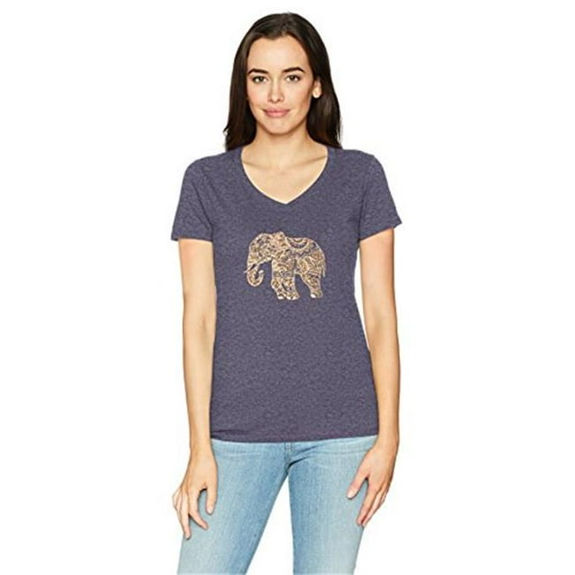 Hanes 00617914394097 Womens Pattern Elephant Short Sleeve V-Neck Tee, Navy Heather - Extra Large