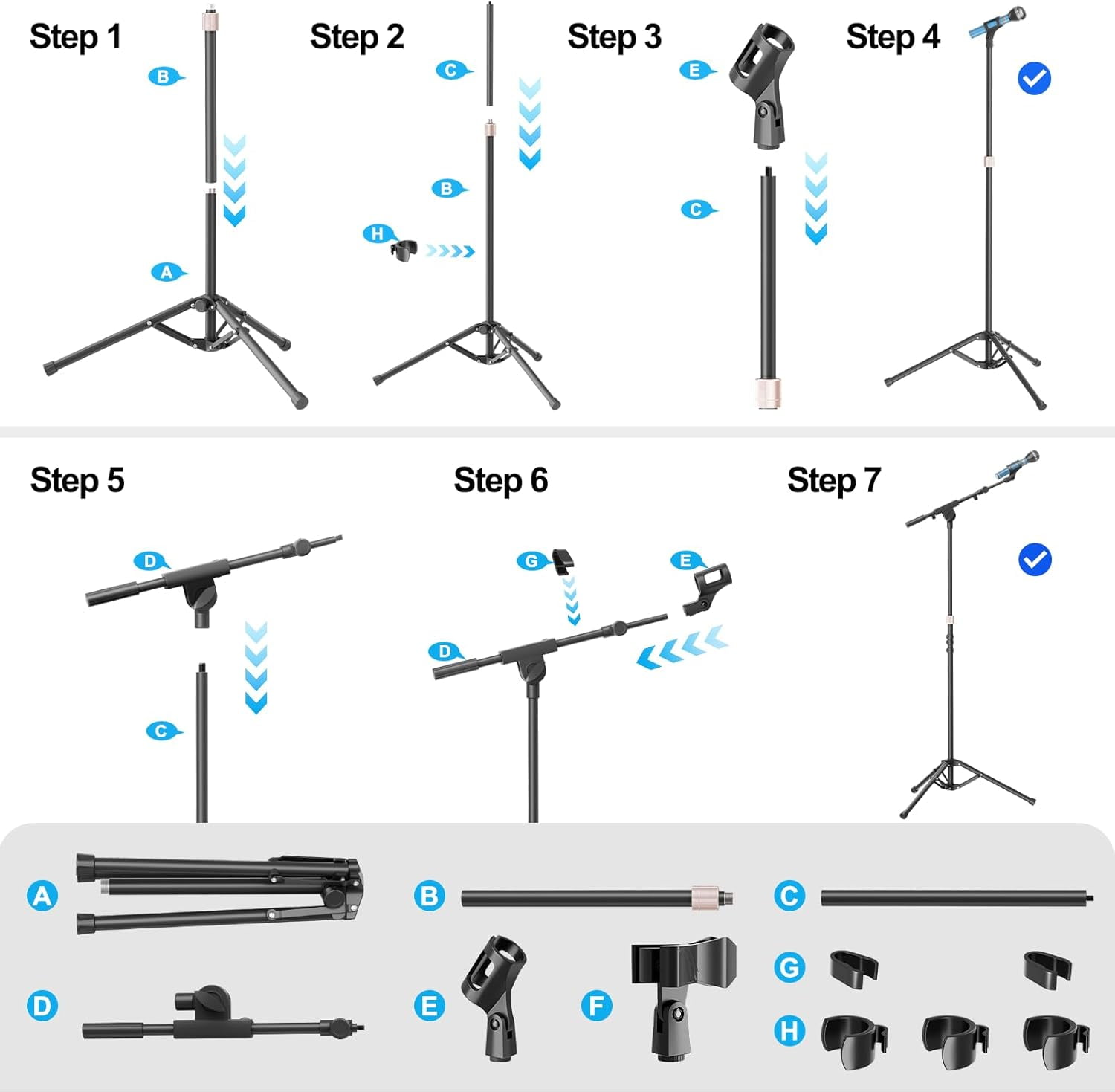 OUKMIC Microphone Stand with Boom Arm, Adjustable Tripod Mic Holder for Singing, Recording, Podcast and Stage