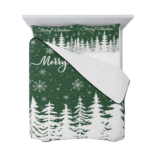 Twin Quilt Bedding Set, Christmas Tree Snow on Green Soft Microfiber Summer Bedspread Coverlet with 2 Pillow Shams for All Season, Merry Christmas Breathable Bedding Set for Hot Sleepers