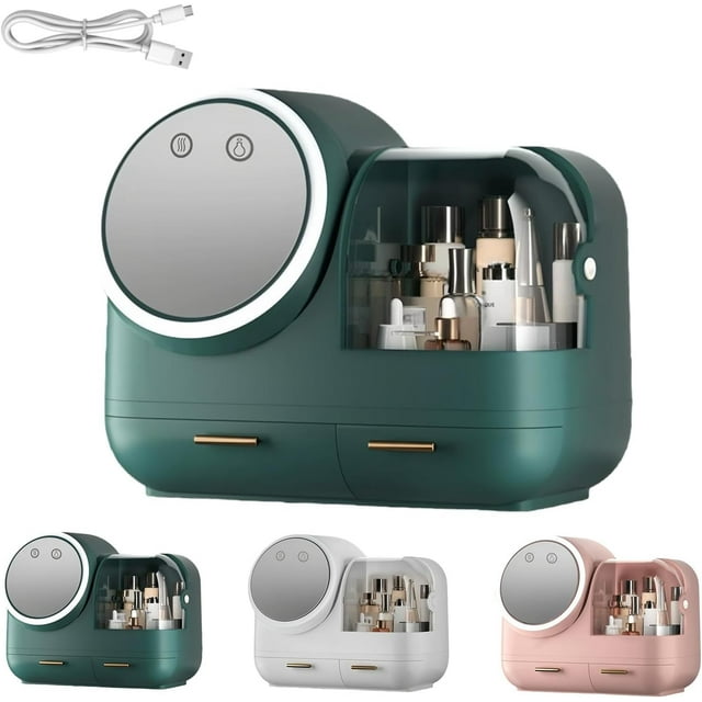 2026 New Mirror Fan Makeup Case, Large Capacity LED Light Mirror Makeup Storage Box, Cosmetic Storage Display Case with Practical Organizing Drawers for Valentine's Day Gifts (Green)