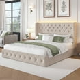 thumbnail image 2 of King Size Bed Frame with Storage Drawers and Tufted Headboard Velvet Upholstered Platform Bed Frame with LED Light Wingback, Beige, 2 of 10