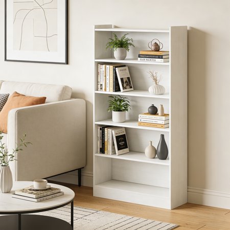 KIOOTTO White 6-Tier Library Bookcase 71 Tall Modern Bookshelf with Adjustable Shelves for Living Room Office Study