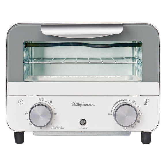 Betty Crocker 7-L Mini Toaster Oven/Compact Countertop Oven, 750 Watts, with Timer, Baking Tray, and Rack, BC-5629, White