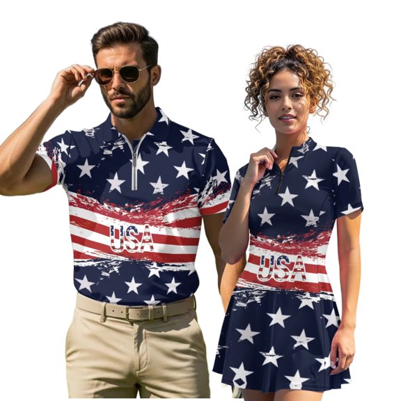 Aplkyhs Patriotic USA Star Matching Couple Sport Shirts Couple Golf Matching Outfits Machine Washable Mens Hawaiian Shirt Quarter Zip Mens Shirts Casual for Golf,Tennis,Running,Gym