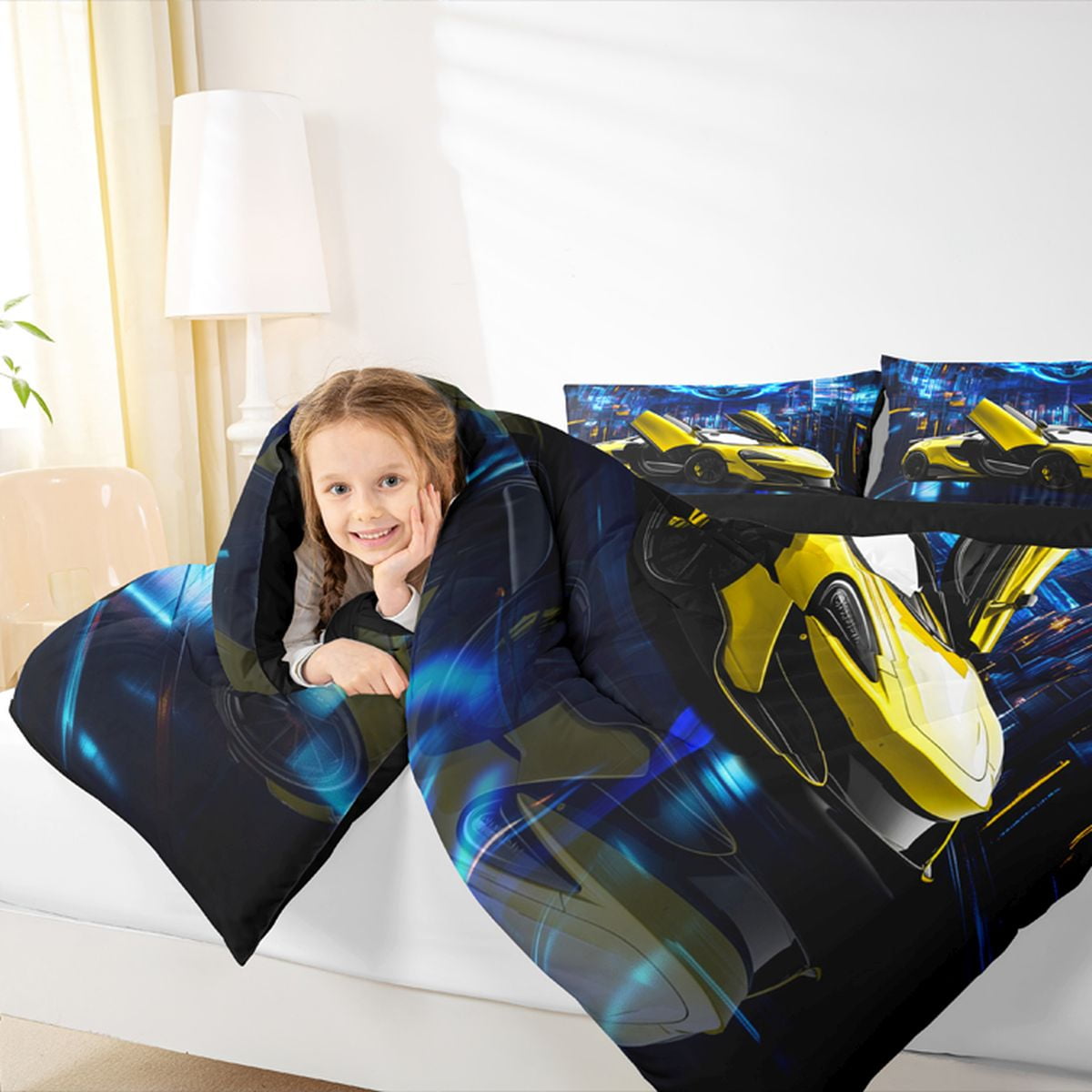 Feelyou Yellow Race Car Bedding Comforter Set, Futuristic City Landscape Twin Comforter Sets, Teens Kids Boys Girls Reversible Bedding Set, Super Cozy Room Decor, 2 Pieces