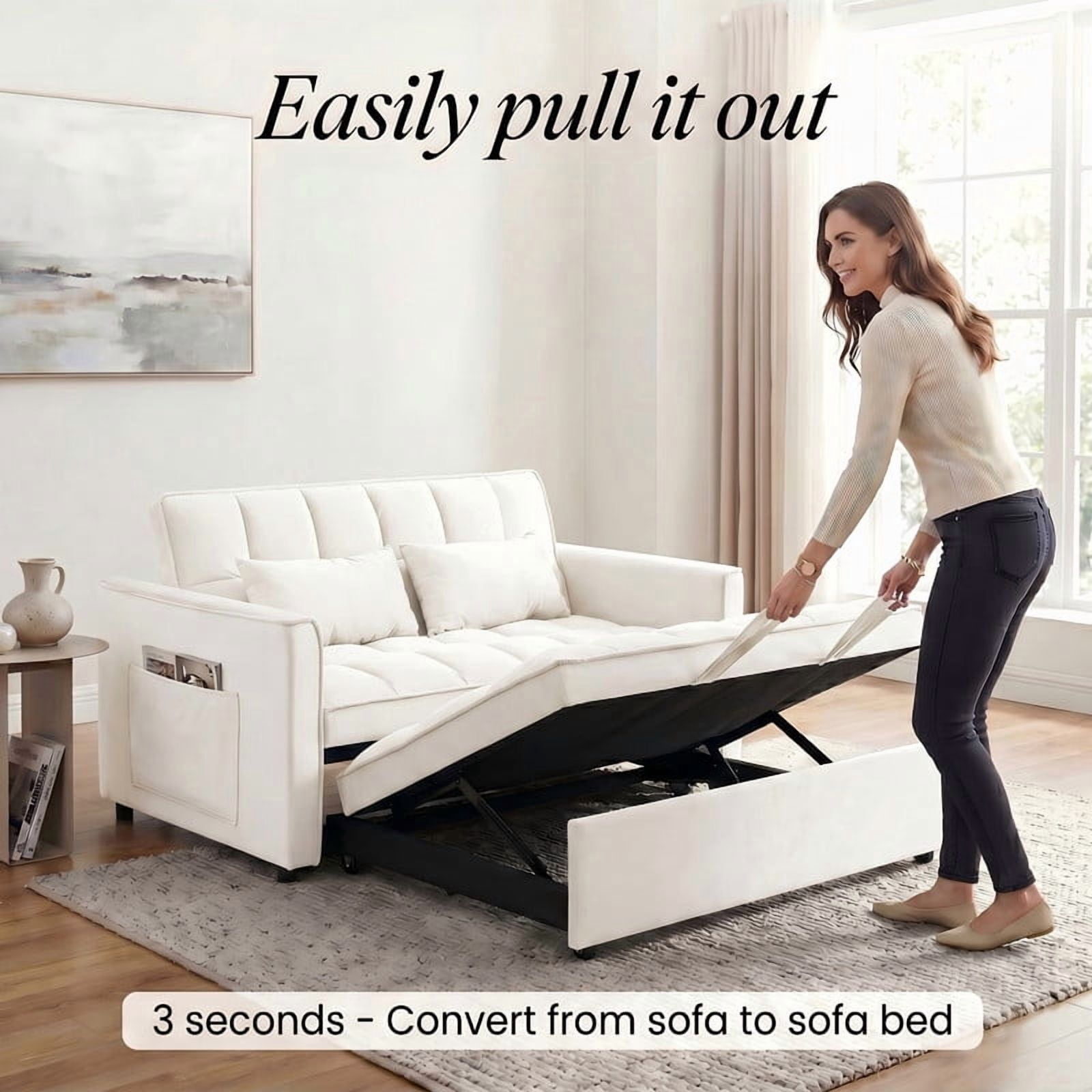 Gewnee 55" Sofa Bed, Convertible Sleeper Sofa & Pull Out Couch, 3-in-1 Velvet Loveseat with Adjustable Backrest and Storage Pocket, Beige