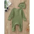 thumbnail image 5 of Infant Baby Jumpsuit and Hat Set, 3 6 12 18M Solid Knit Ribbed Long Sleeve Crew Neck Button Romper One-Piece Clothes, 5 of 10