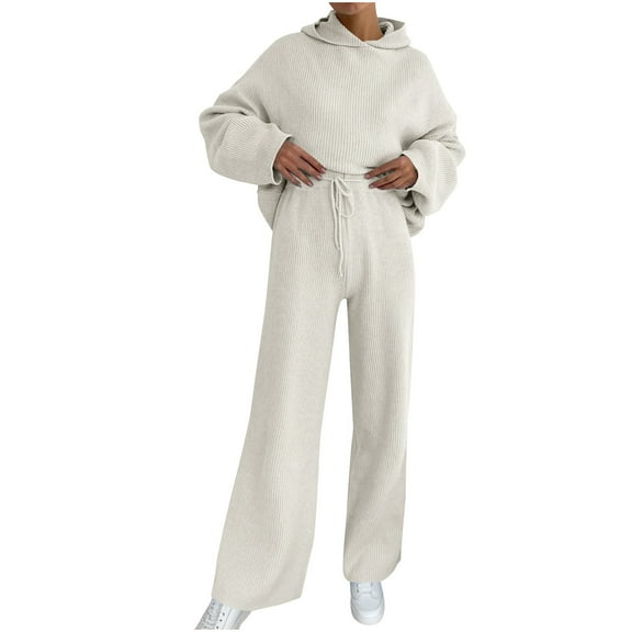 Women 2 Piece Lounge Outfits Cotton Ribbed Knit Sweatsuits Oversized Pullover Hoodie and Wide Leg Sweatpant Set (XL, White)