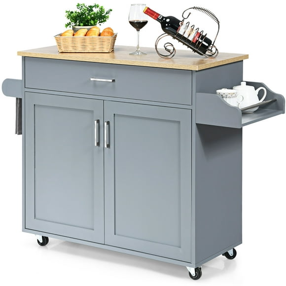 Costway Rolling Kitchen Island Cart Storage Cabinet w/ Towel & Spice Rack Gray