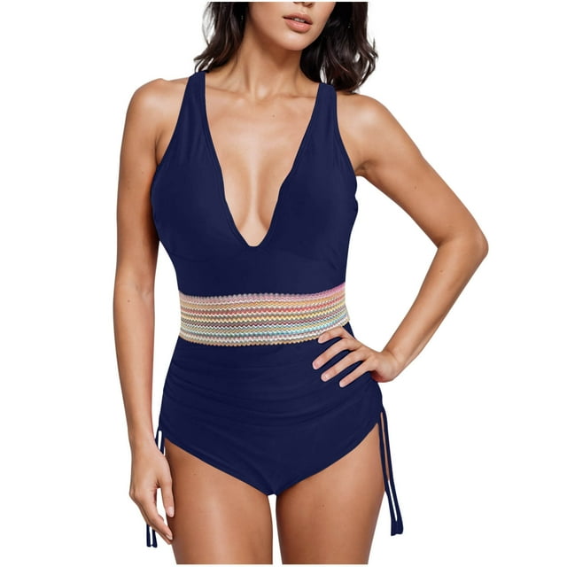 ylioge Tankini Swimsuits for Women One-Piece Sleeveless Deep V Neck Bathing Suits Ladies Trendy Color-Block Drawstring Side Swimwear Sets
