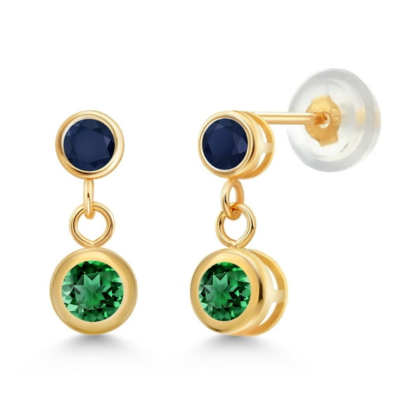 Gem Stone King 14k Yellow Gold Green Nano Emerald and Blue Sapphire Two Stone Dangle Earrings for Women (0.90 Cttw, Gemstone May Birthstone, Round 4MM, Round 3MM)